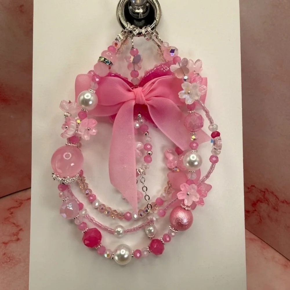 Flower Butterfly Pink Crystal Beaded Coquette Phone Wristlet Charm Premium